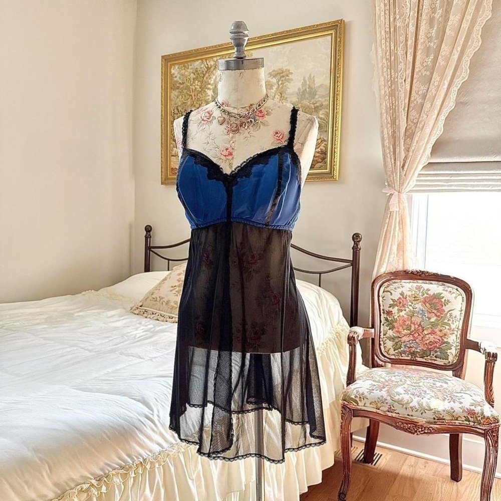 Y2K blue black lace babydoll slip dress Cacique size 18